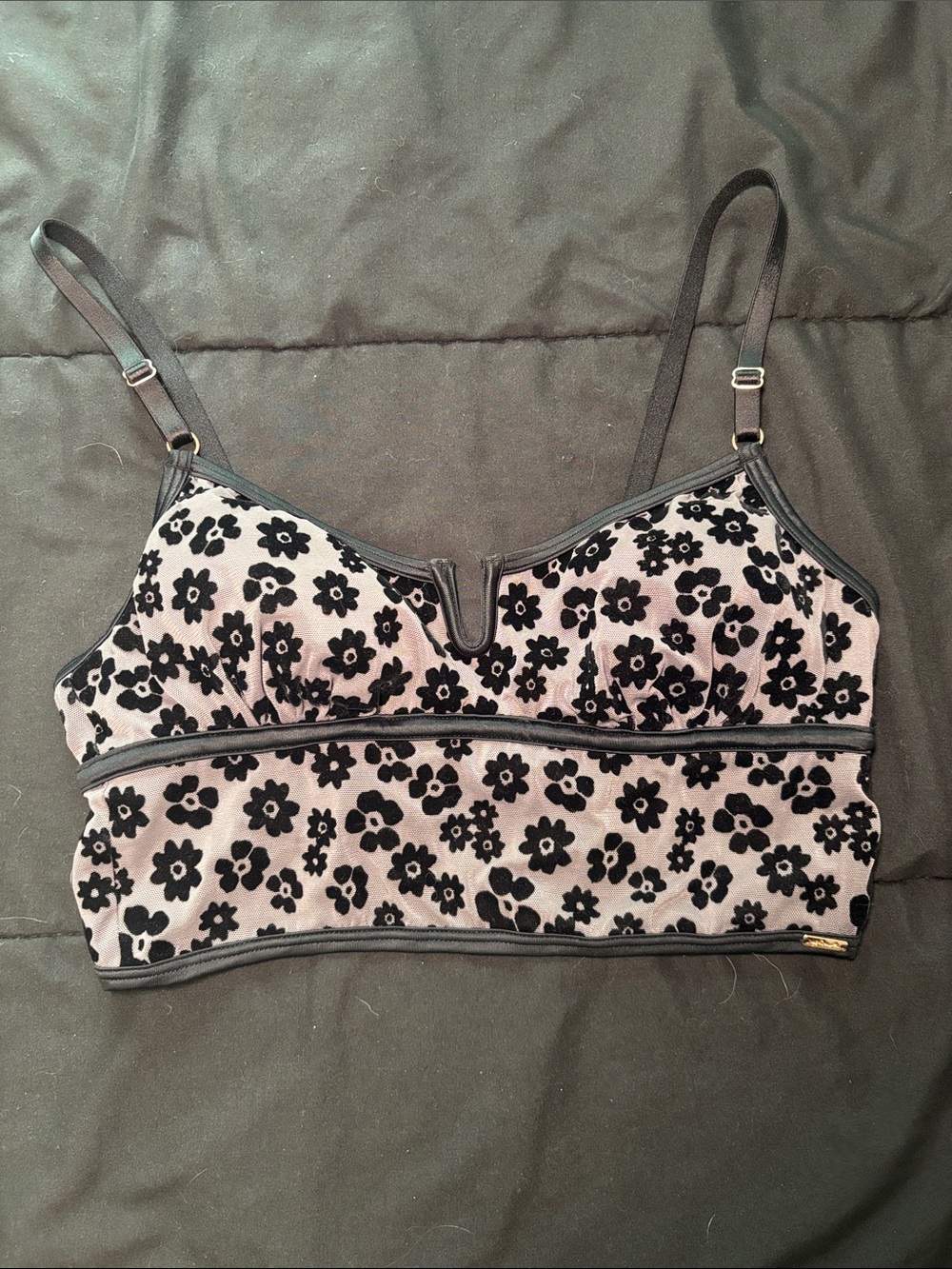 Floral Velvet Bralette - Black Floral on Light Grey